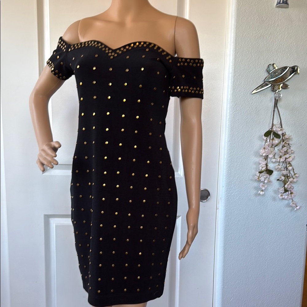 Vintage 90s Tadashi Shoji gold studded off shoulder black mini dress M